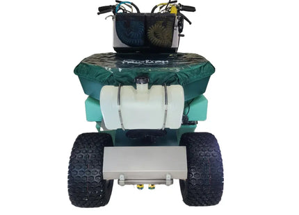 PermaGreen Triumph ride-on spreader sprayer, front view on a white background, shown with optional accessories
